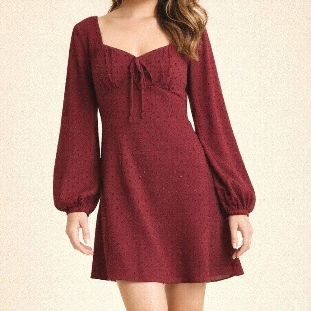 Milkmaid Romantic Cottagecore Burgundy Mini Dress Peasant Sleeve Coquette S S
